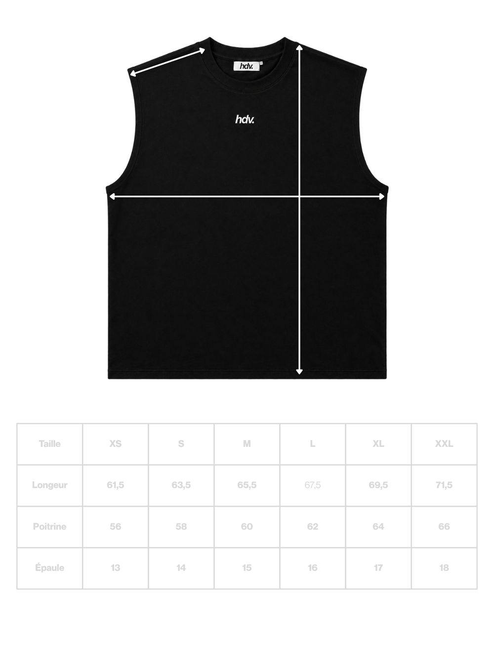 Guide des tailles - Sleeveless HDV Essentiel - Noir